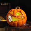 Halloween Pumpkin Eating Skull Figurine with Lights Spooky Light-up Pumpkin Head Resin Statue Sculpture Home Office Desktop Decoration Ornament
