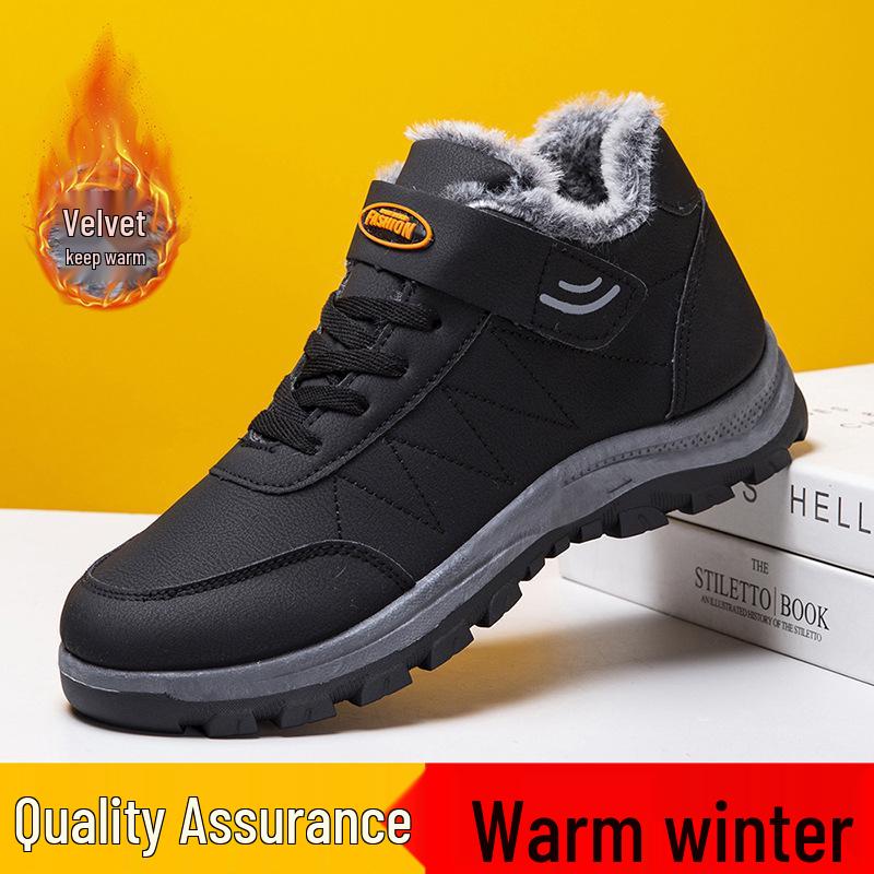 Men's Waterproof Leather Walking Shoes - Velvet Lined, Non-Slip, Warm Winter Casuals for Middle-Aged and Elderly.
