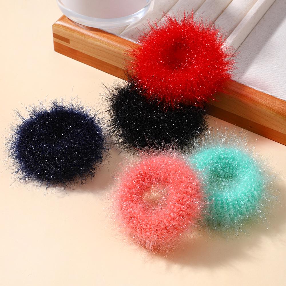 5pcs/bag Girls Mini Colorful Plush Hair Ring Fat Intestine Ring Baby Cute Hairy Head Rope Furry Rubber Band Hair Accessories