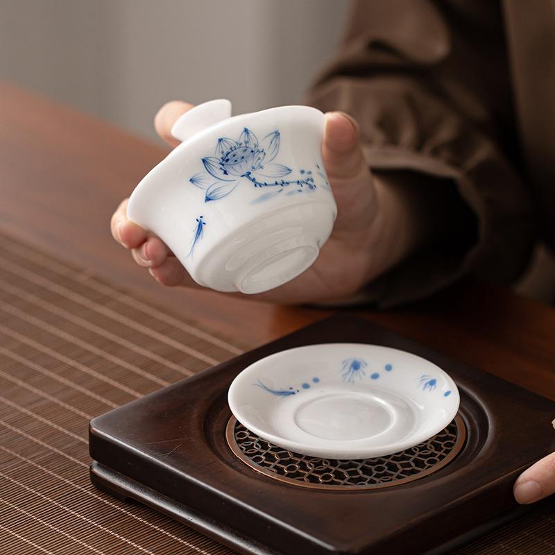 Sancai cover bowl Dehua white porcelain tea bowl Chinese-style household high-end large-capacity hover cover bowl tea