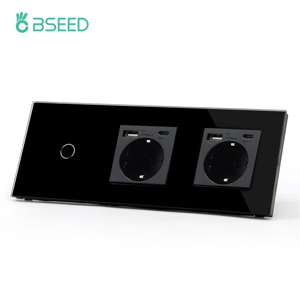 BSEED 1/2/3Gang Wall Touch Switch Double Light Switches 1Way Plus Type-c USB Sockets EU Standard Glass Panel Blue Backlight 10A