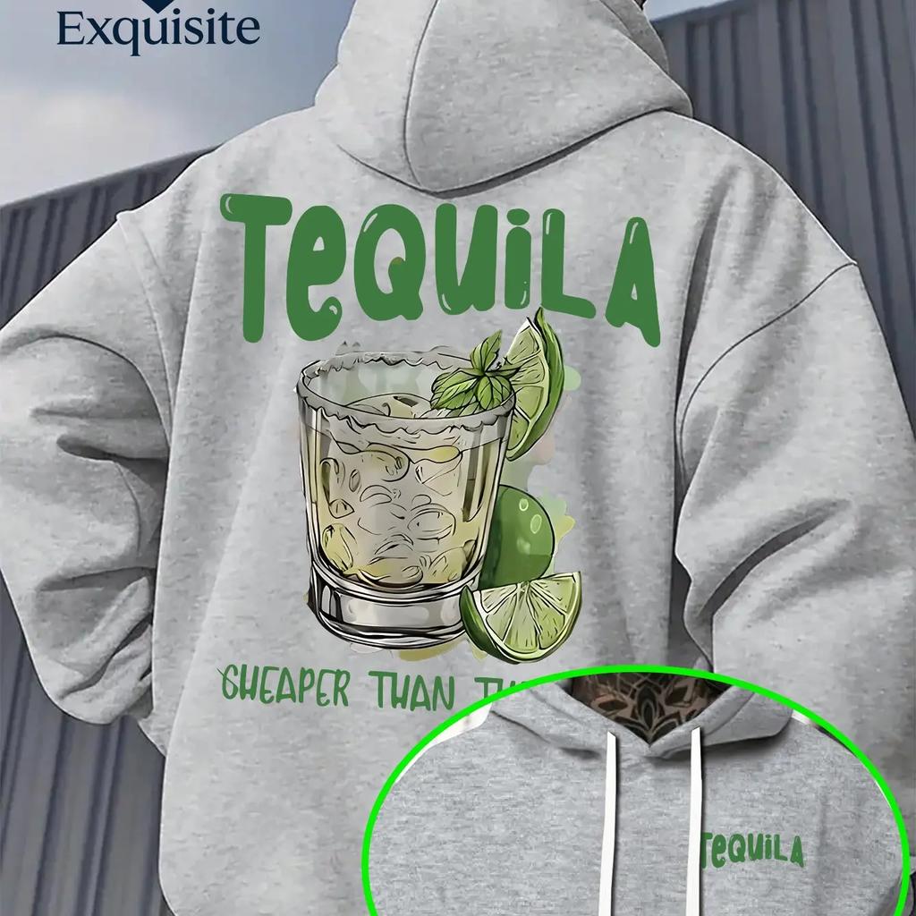 Men's Hooded Sweatshirt with Tequila and Lime Cocktail Print for Autumn/winter, Comfortable and Loose-fitting, Urban Style.