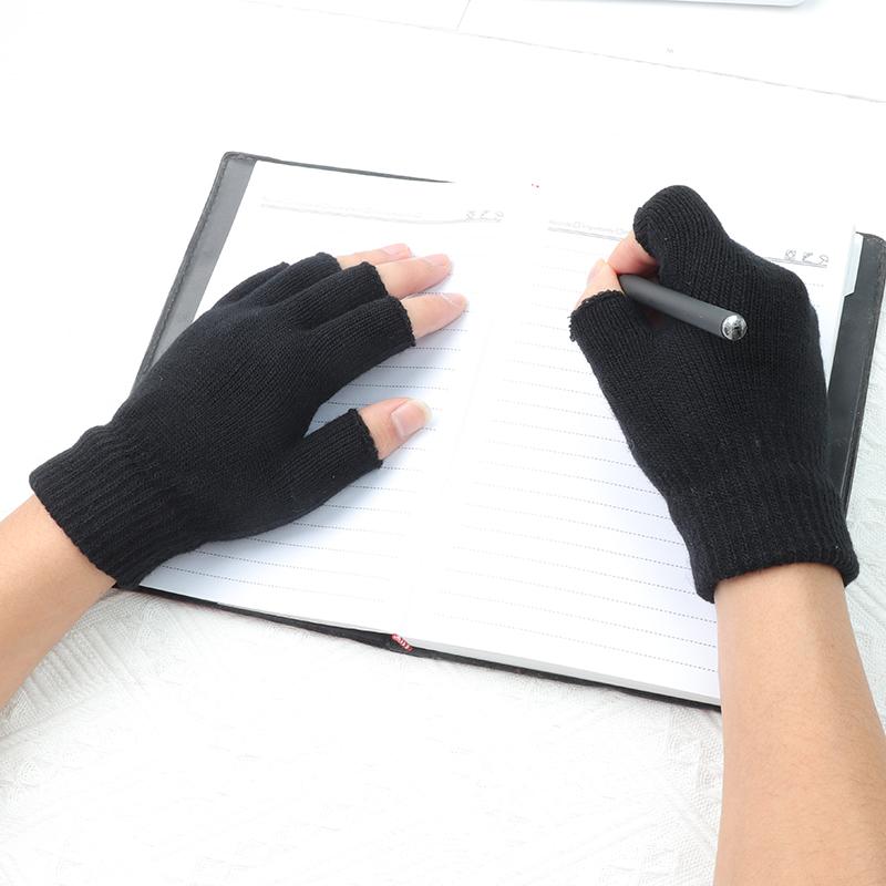 Black Short Half Finger Fingerless Knit Gloves Solid Color Half Finger Knitted Mitten Autumn Winter Outdoor Motor Driving Gloves