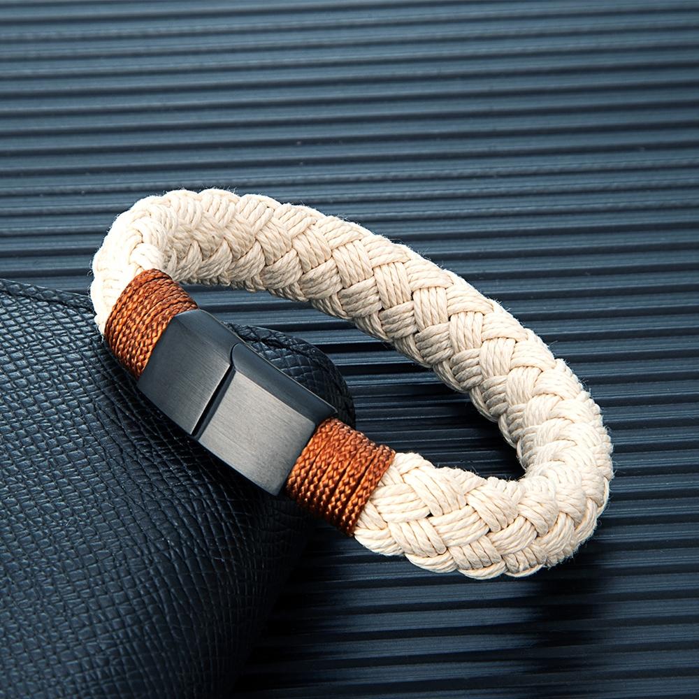 Nautical Wide Rope Bracelet Men Stainless Steel Adjustable Shackle Clasp Wrap Bangles Handmade Jewelry Gift