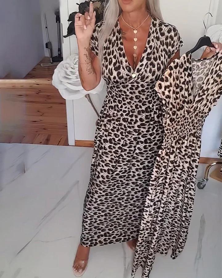 2026 Spring European and American Women s New Short-Sleeve Leopard Print Dress Long Dress S