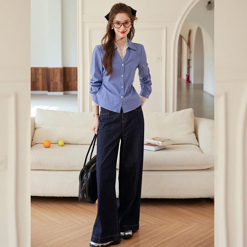 Women's Elegant Lace Stripe Long-Sleeve Shirt