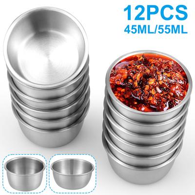 12 piezas de cuencos para salsa, tazas para salsa de acero inoxidable 304, platos para salsa redondos, 45/55 ml, mini tazas reutilizables para condimentos, tazas para salsa