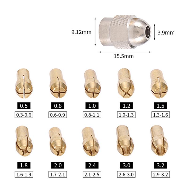 10/11Pcs Mini Drill Collet Chuck 0.5-3.2Mm Diameter 4.8Mm Shank Brass Chucks