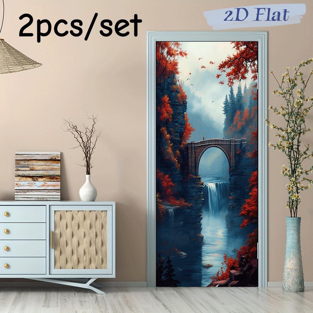 

2pcs Autumn Forest Waterfall Stone Bridge Wall Stickers Living Room Bedroom Entrance Wall Decoration Landscape Stickers Home Art (as the picture,38.5x200cmx2)