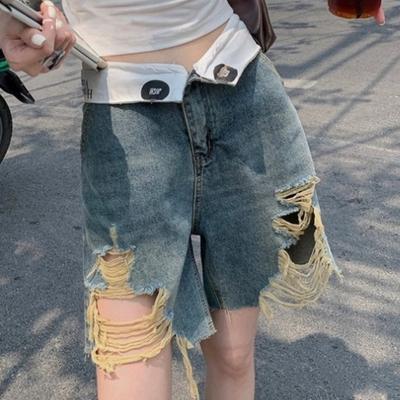 Retro Fringed Ripped Five Quarter Jeans for Women's Summer Design Niche High Waist Slimming Straight Leg Wide Leg Short Pants