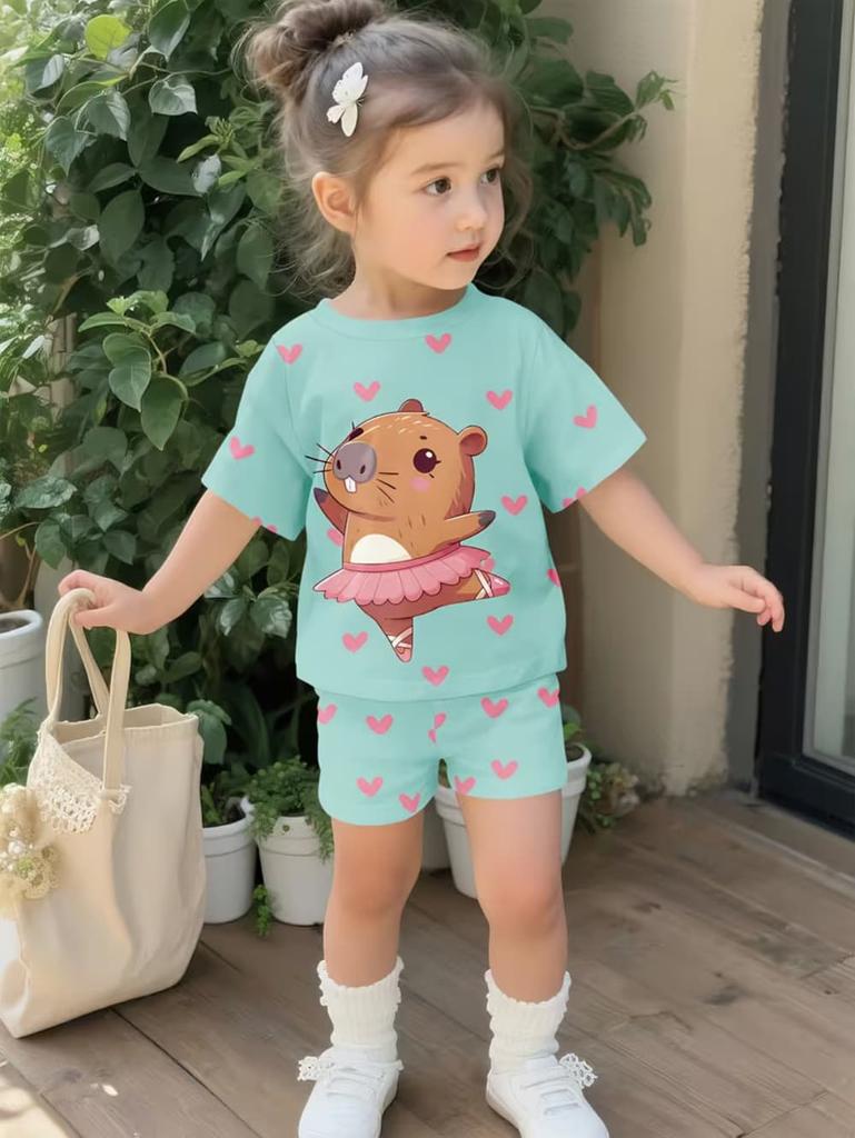 Girls Summer 2 Piece Set Cute Capybara Animal Print Short Sleeve Top And Shorts Casual Outfit For Kids Daily Wear