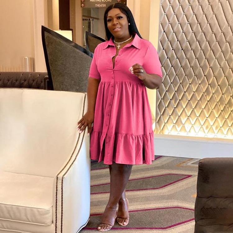 Elegant Casual Solid Color Shirt Dress Summer Short Sleeve Lapel for Plus Size Women