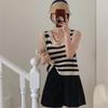 Black and white striped hollow knitted vest women's summer new loose outer wear suspender sleeveless vest shirt