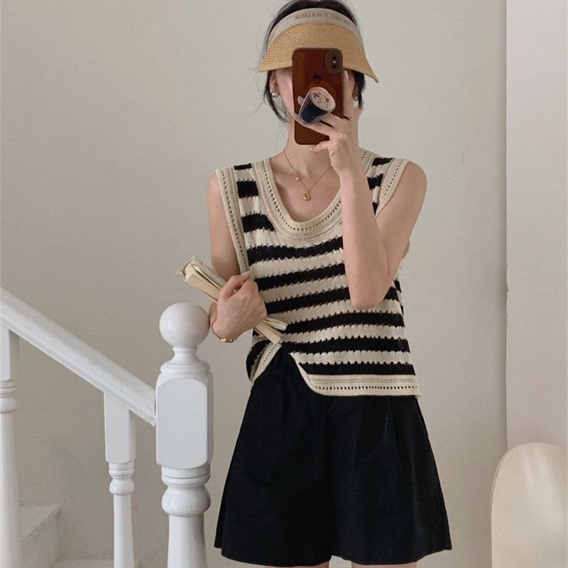 Black and white striped hollow knitted vest women's summer new loose outer wear suspender sleeveless vest shirt
