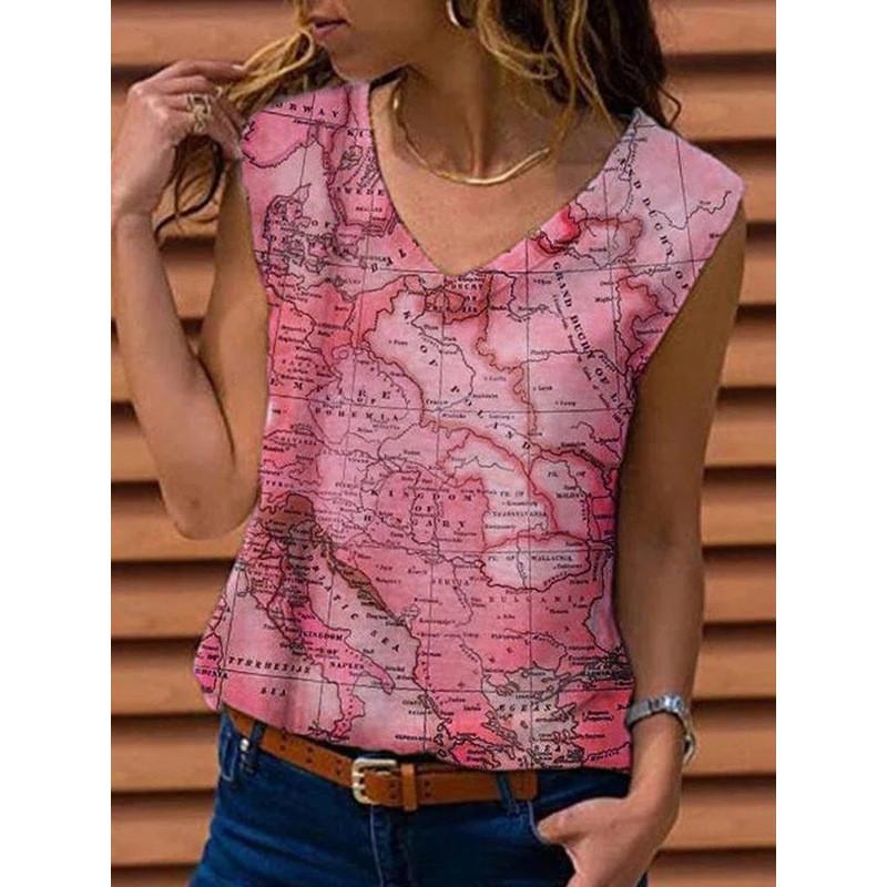 Women Summer Map Printed V Neck Sleeveve Casual T-shirt Top