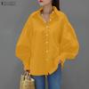 Women Casual Turn Down Collar Solid Color Long Sleeve Blouse