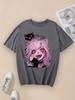 Women's Cute Cat Graphic T-Shirt Short Sleeve Crew Neck Casual Top with Pink Hair & Hearts Design Casual Wear Tee Cat Shirt