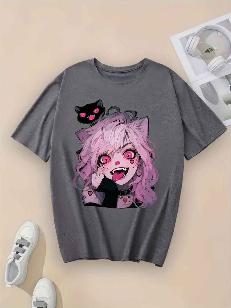 Women's Cute Cat Graphic T-Shirt Short Sleeve Crew Neck Casual Top with Pink Hair & Hearts Design Casual Wear Tee Cat Shirt