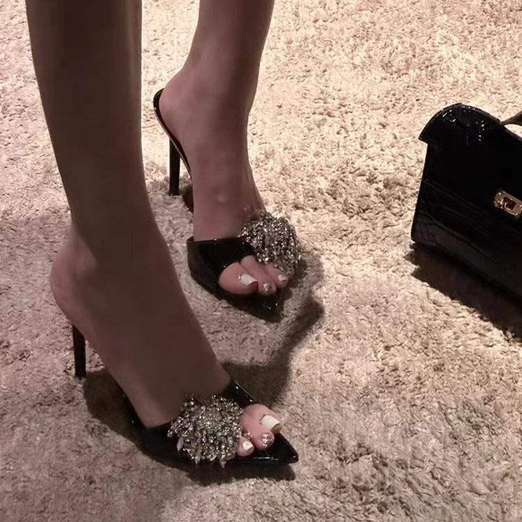 2025 Summer One-Strap Black Rhinestone Stiletto Mule Heels