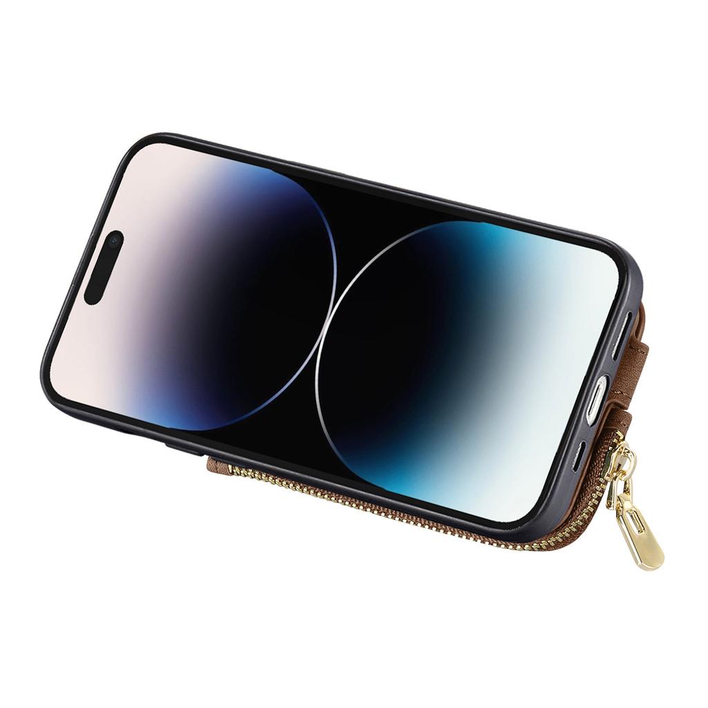 For iPhone 16 Pro Case Zipper Pocket Kickstand Leather Phone Back Cover