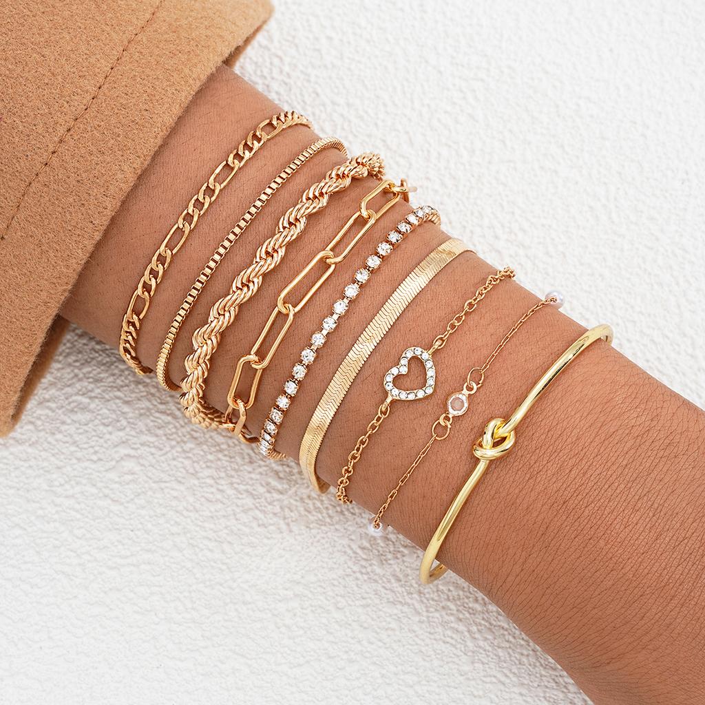9 Pcs New Heart Zircon Snake Chain Bracelets Set for Women Fashion Gold Color Crystal Cuban Chain Bracelet Vintage Boho Jewelry