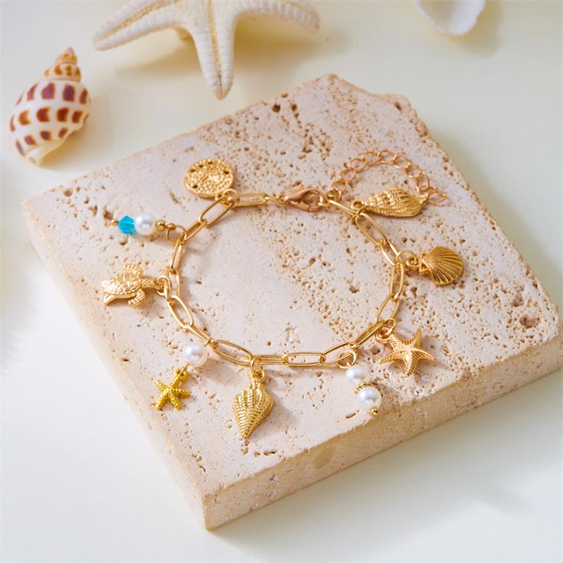 

Summer Beach Trendy Pearl Shell Starfish Charm Bracelets for Women Gold Color Link Chain Bracelets Vacation Jewelry Accessories