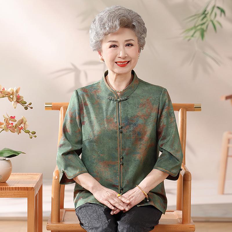 

Elegant Summer Chinese Style Shirt for Mature Women - Seven-Point Sleeves, Perfect for 70+ Ladies L (under 100 kg)