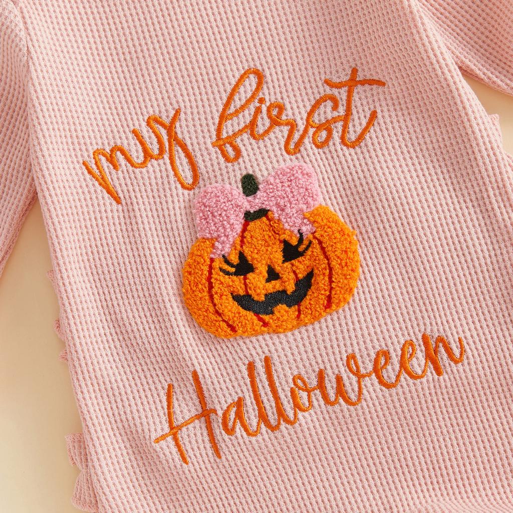 Citgeett Autumn Infant Baby Girl Fall Outfit Long Sleeve Pumpkin Embroidery Jumpsuit Headband Casual Clothes