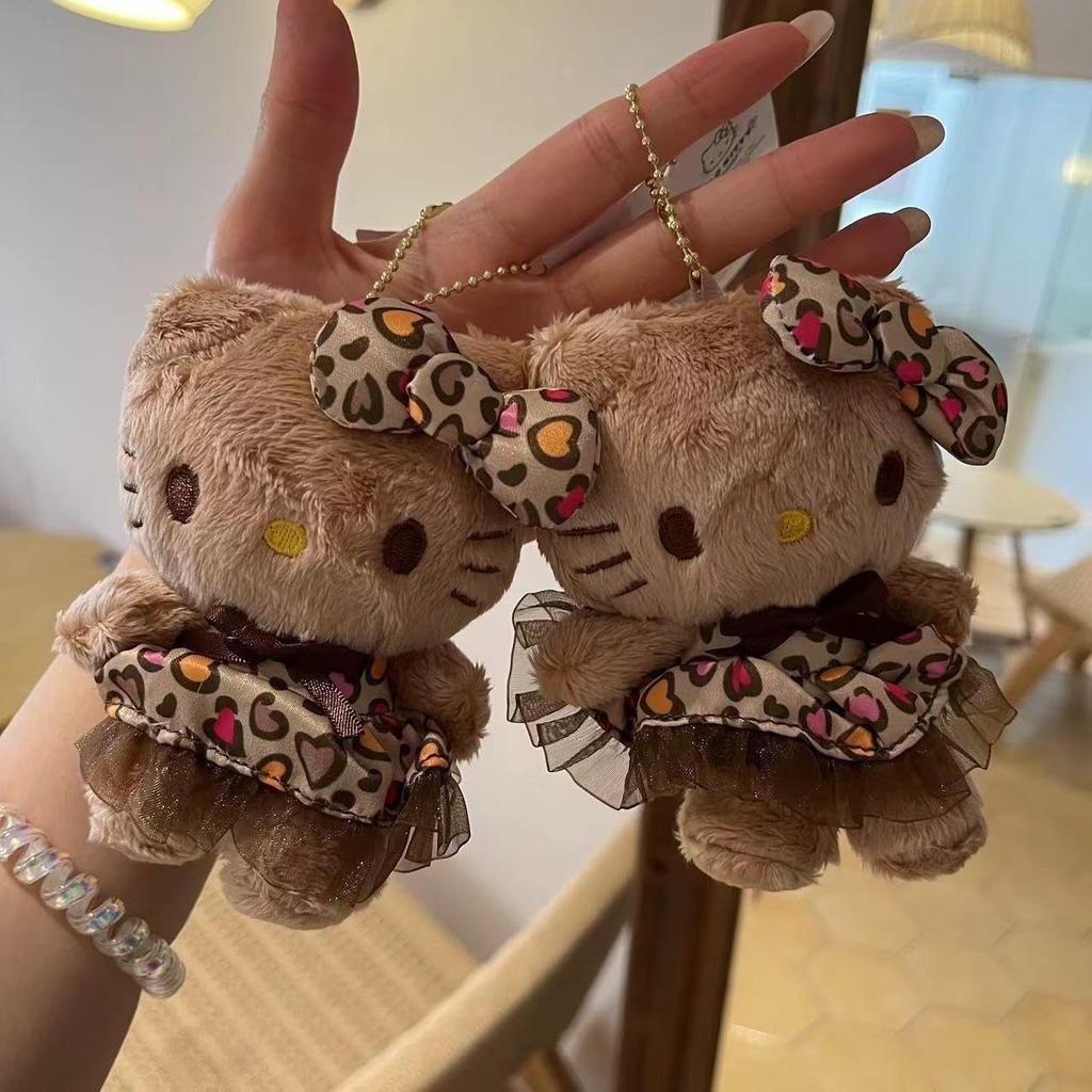 Hello Kitty Leopard Print Plush Toy Mascot Holder Pendant Key Ring Keychain Cute Character Merchandise [ZITION]