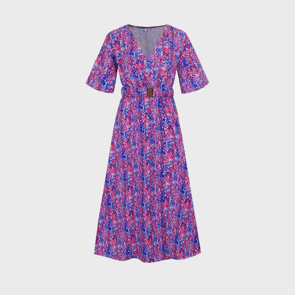 2023 Summer V-Neck Belted Print Long Dress