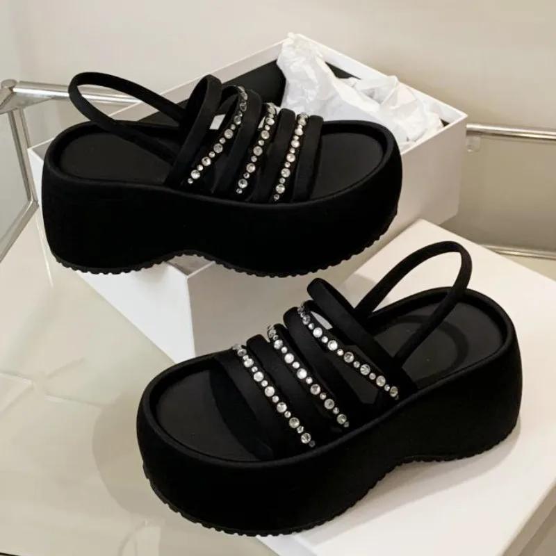 Fashion Open Toe Narrow Band Designer Brand Sandals Women Luxury Rhinestone Round Toe Platform Sandals Comfortable Vacation Beach Shoes