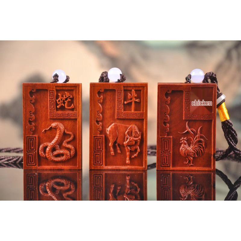 Small-Leaf Rosewood Zodiac Car Pendant: Hand-Carved Twelve Signs Wooden Grip Ornament 4*6*1CM