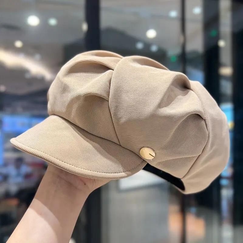 Vintage Octagonal Hats Women Solid Color Pleated Berets Artist Painter Newspaper Cap Winter Autumn Casual Street Brim Caps