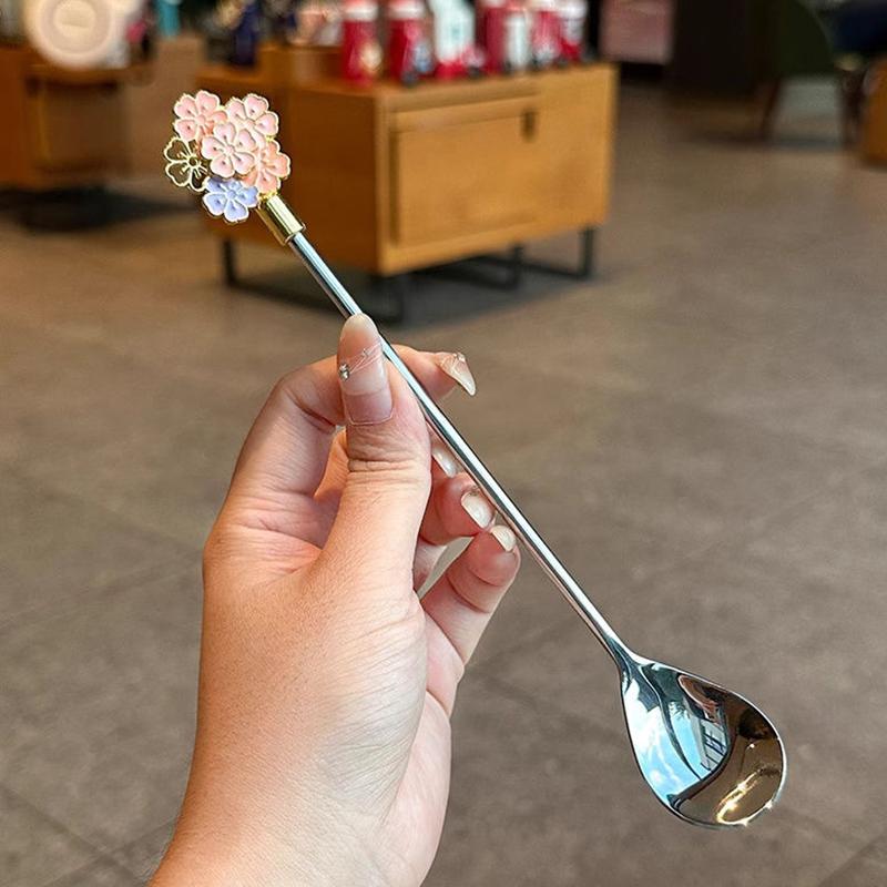 Stainless Steel Japanese Cherry Blossom Spoon Exquisite Dessert Long Handled Ice Spoon Household Bird'S Nest Mixing Spoon