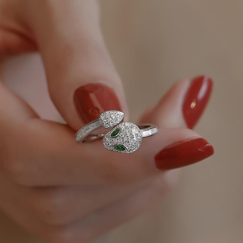 Snake Copper Fashionable Ring For Women Adjustable Size Intricate Rhinestone Embellishments Green Eyes