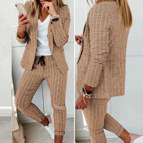 2 Stück/Set Damen Blazer Hosen Set Umlegekragen Cardigan Langarm Elastische Taille Schmale Passform Kordelzug Formell Knöchellang Kariert