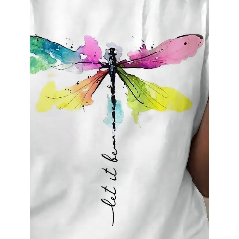 European Size Casual T-Shirt with a New Design, Featuring a 3D Dragonfly Art Print And Letters, Short Sleeves, And a Round Neckline for Women