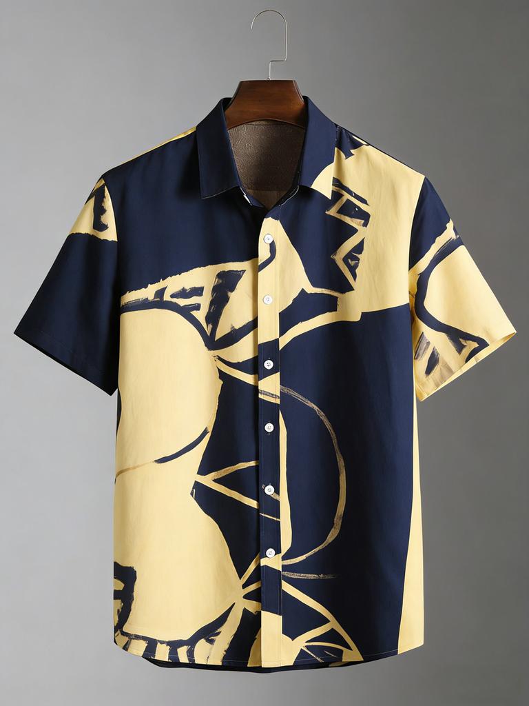2026 New men's summer simple retro short-sleeved lapel shirt beige graffiti 3D printed shirt outdoor casual outdoor men's tops