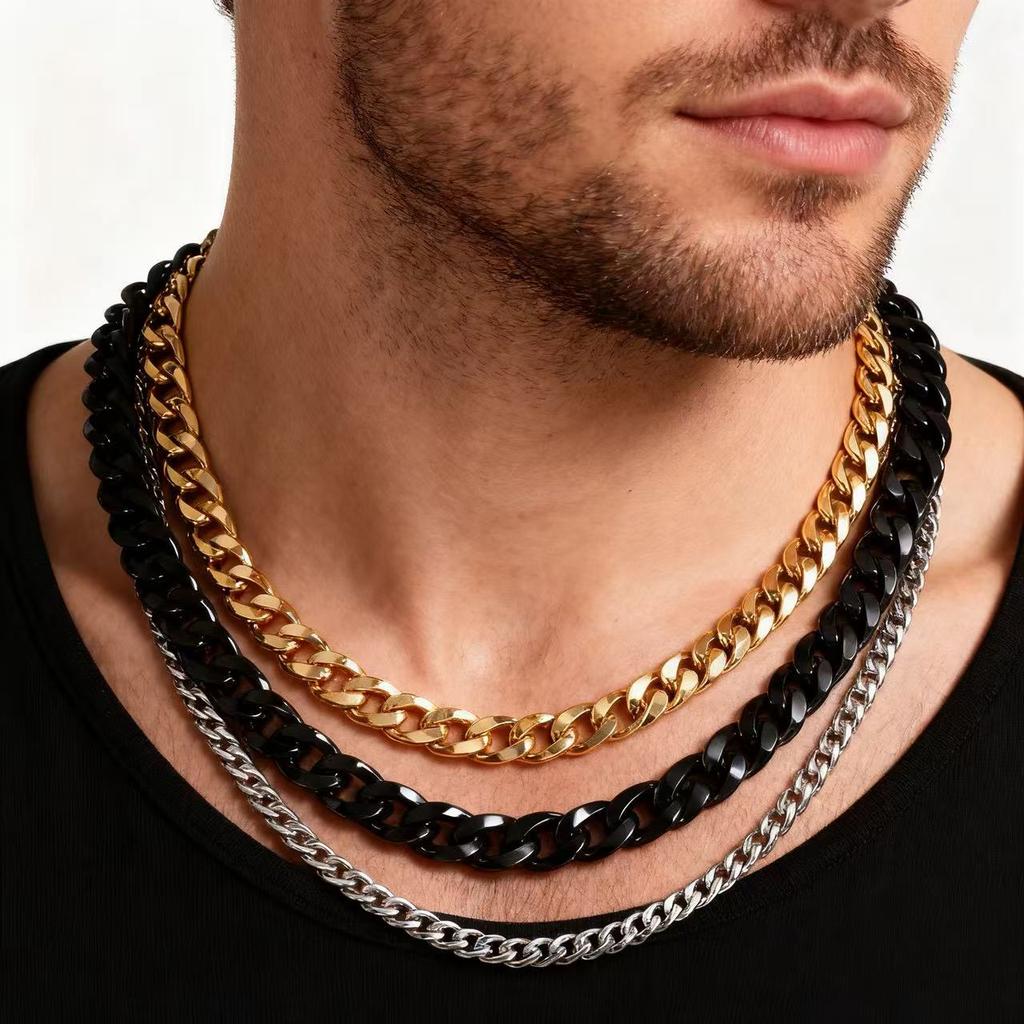 YQ Stainless Steel Cuban Link Chain Necklace For Men Women Goth Punk Accessory Jewelry Black Gold Silver Color
