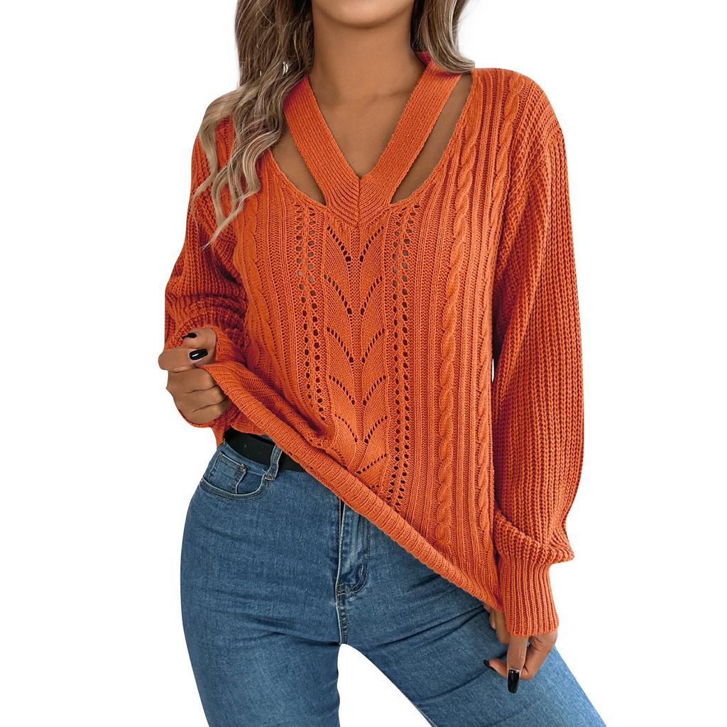 Women's Fashion Casual Loose V Neck Hollow Solid Color Long Sleeve Sweater Pullover Top