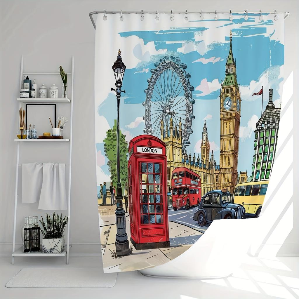 London Cityscape Shower Curtain - Red Phone Box, Big Ben, Ferris Wheel Design, Anti-Mold,Durable Fabric for Bathroom Decor