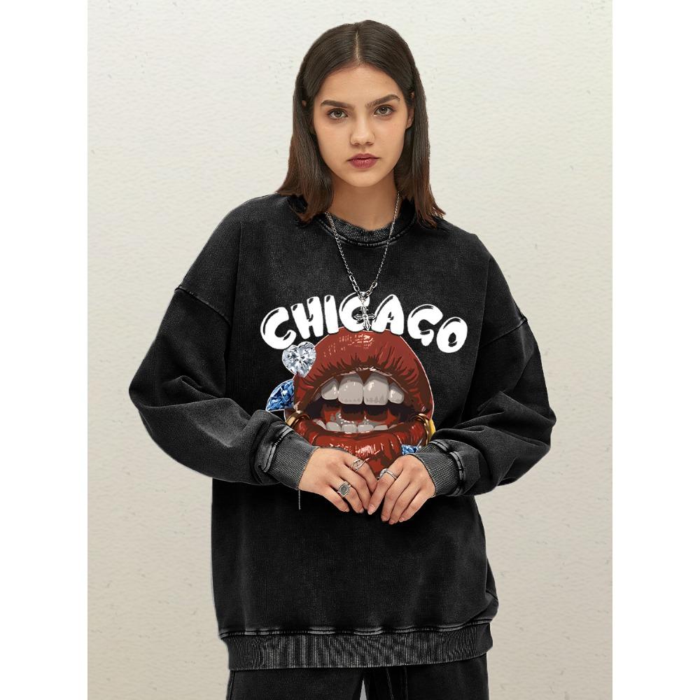 Chicago Creative Diamond Red Lips Print Woman Washed Sweatshirt Autumn Loose Pullovers Sportswear Cotton Crewneck Clothes