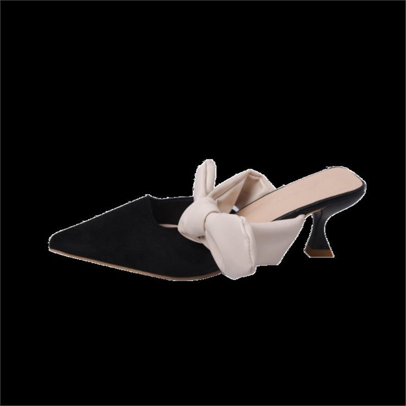 2024 Summer New Korean Version Bow Bag Head High Heel Half Drag Thin Heel Cool Slippers Foreign Trade Women's Shoes Silver Microfiber