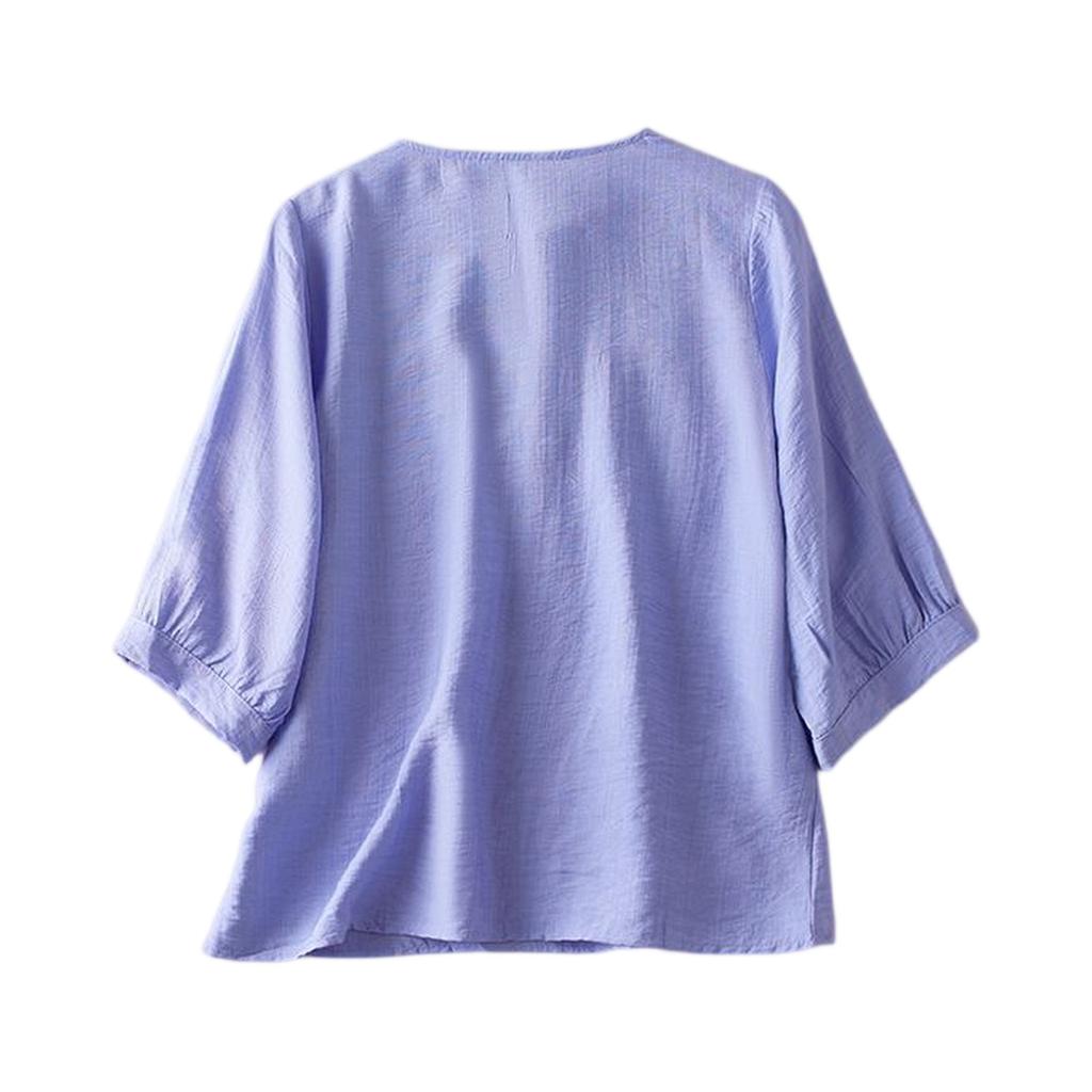 Women's Vintage Inspired Loose Fit Mid-Sleeve Cotton Linen Blend Embroidered Top