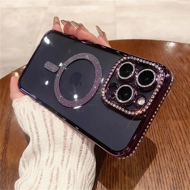Luxury Diamond Glitter Woman Case For iPhone 15 14 12 11 13 Pro Max Plus For Magsafe Magnetic Wireless Charge Cover Accessories