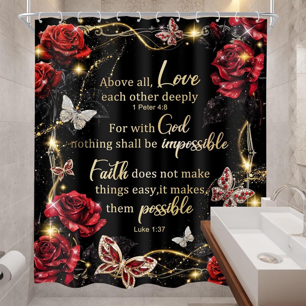 Red Rose And Butterfly Shower Curtain With Inspirational Bible Quotes Water Resistant Fabric Religious Faith Decor Elegant