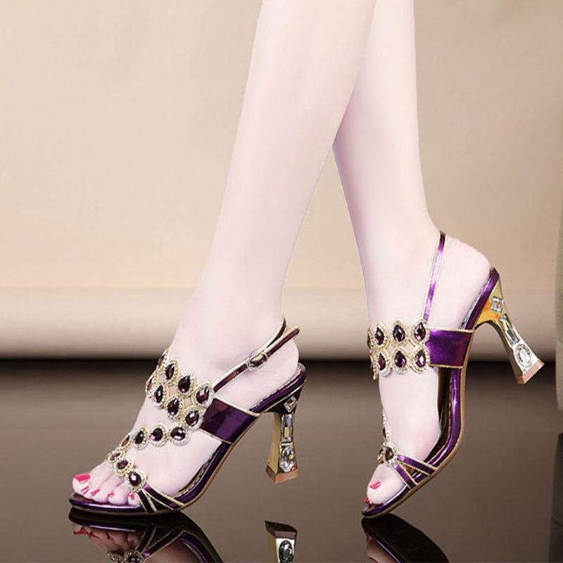 Fashion High Heels Sandals 2025 Women Summer Shoes Party Shoes Fashion Medium Heel Temperament Rhinestones Square Heel Leisure Sandals