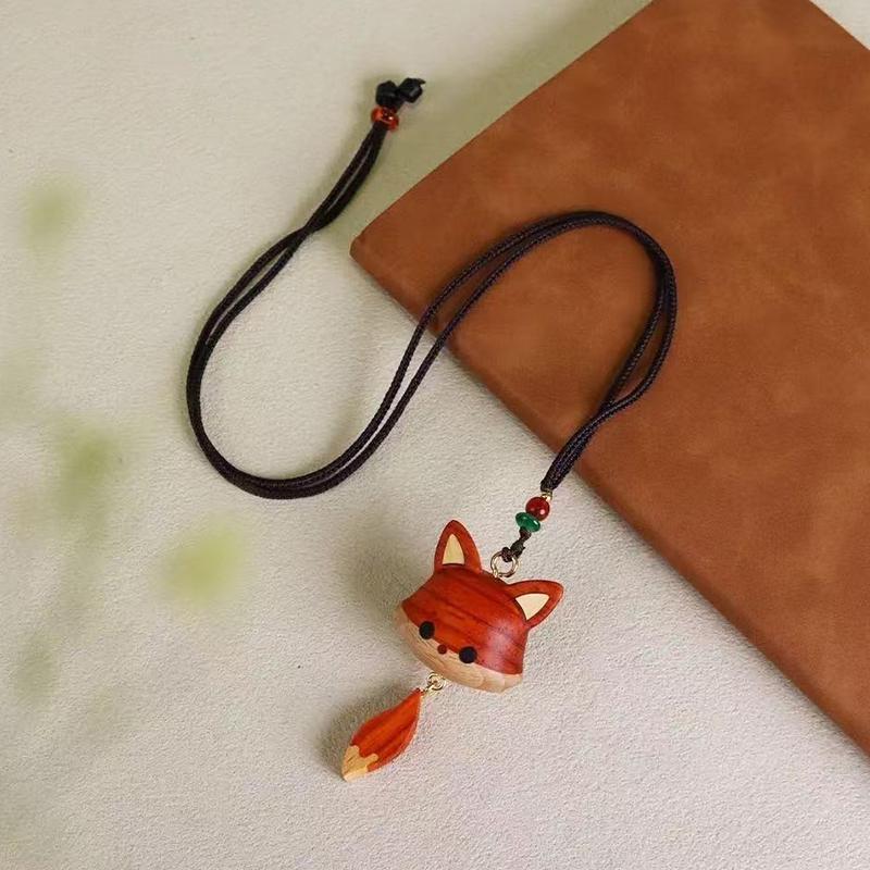 

Hand-Carved Wood Cute Little Fox Pendant Necklace Keychain Versatile Decor Accessories Jewelry Gift