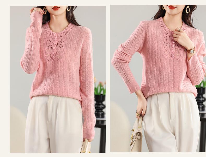 Mengyi Autumn/Winter Women's Wool Sweater: Half-Zip, Round Neck, Hollow Knit, Loose-Fit Versatile Base Layer