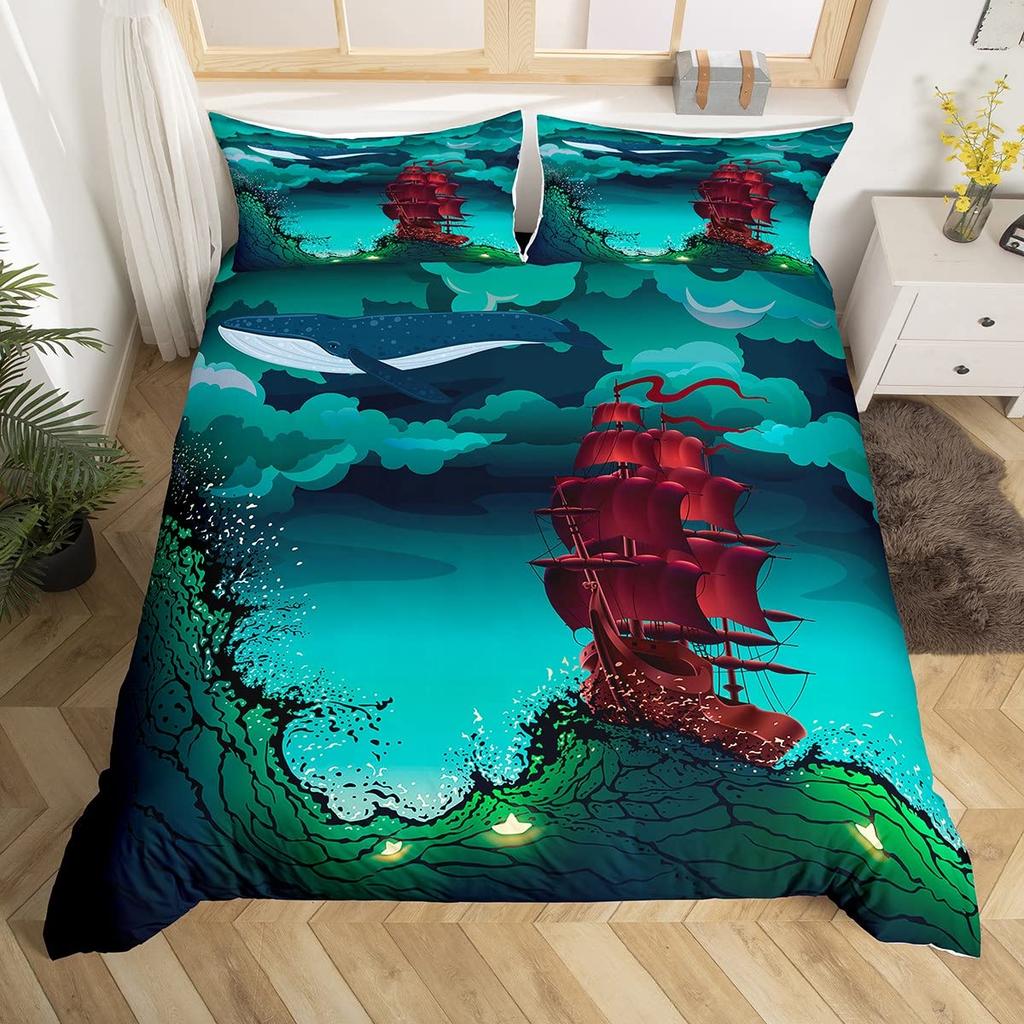 Sailboat Duvet Cover Set Twin King Queen Size Nautical Theme Seagull Bedding Set Microfiber Rustic Wooden Plank Comforter Cover